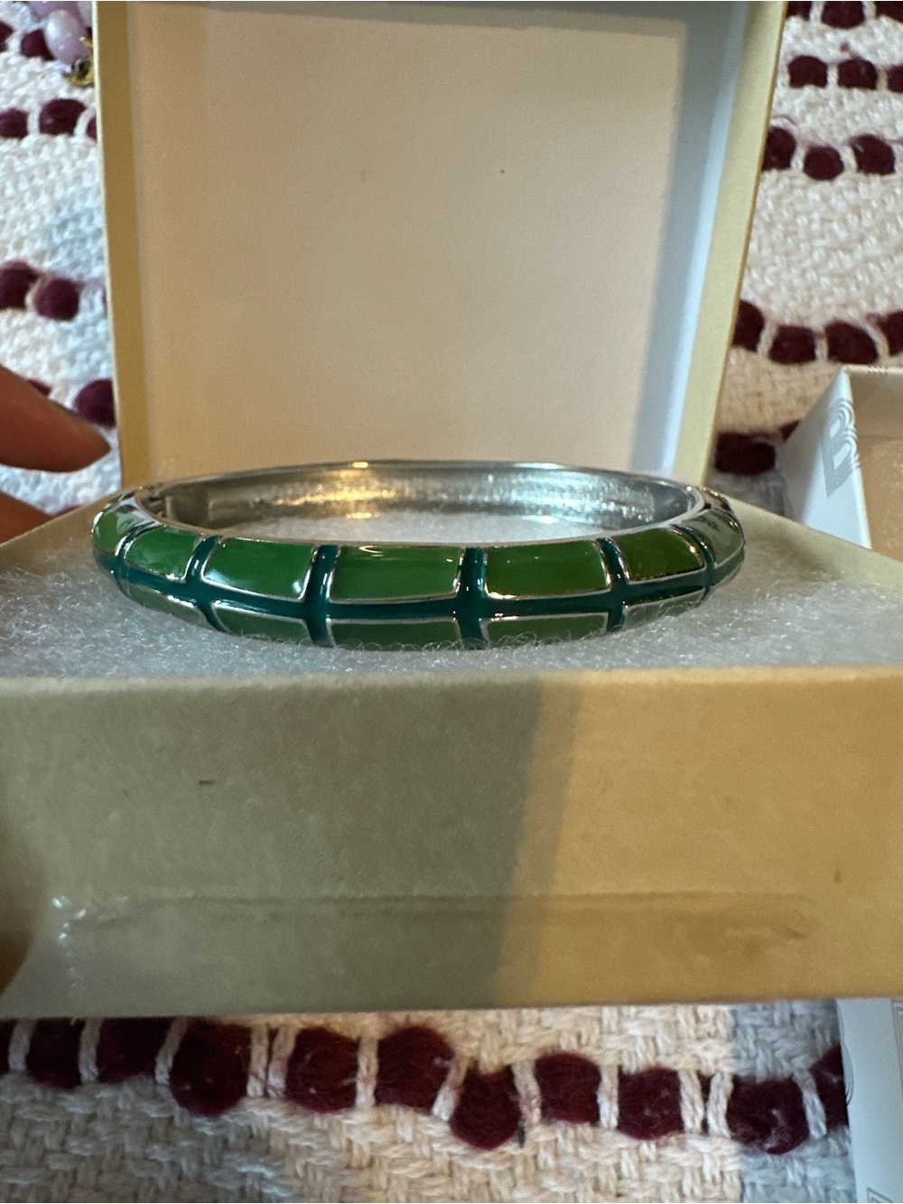 Sequin Green bamboo Enamel Grid Bangle hinge Bracelet silver tone